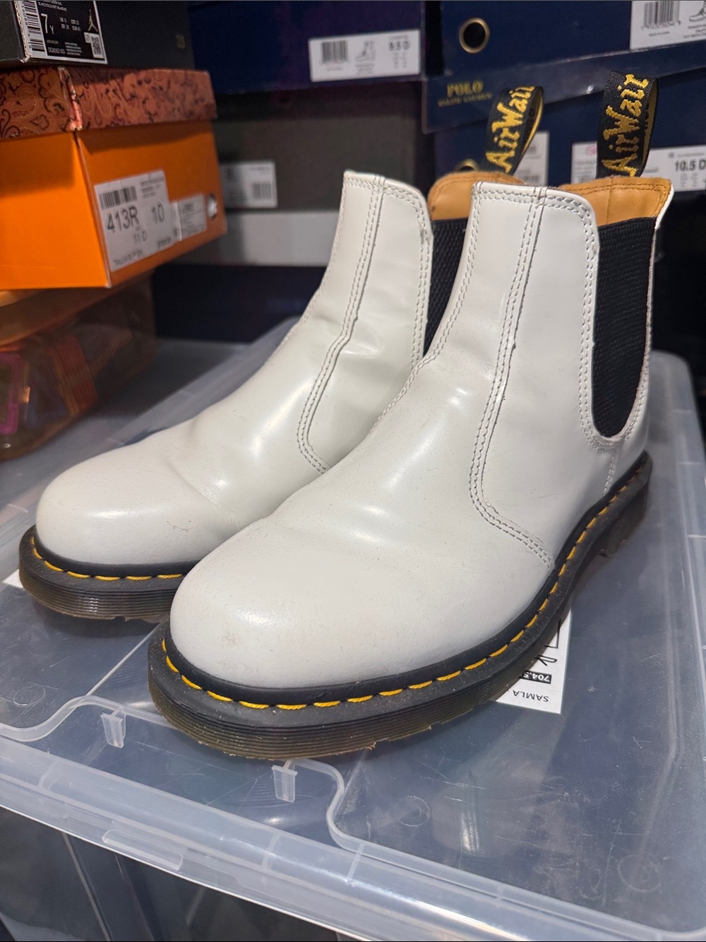 Dr. Martens White Leather Chelsea Boots with Yellow Stitching